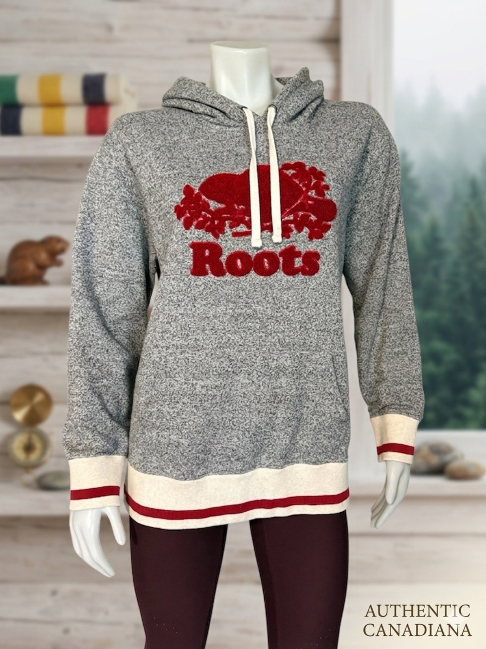 Roots Genuine Cabin Salt & Pepper Chenille Logo Hoodie Size L
